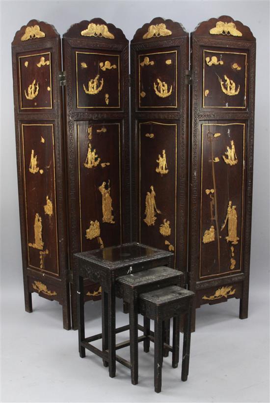 A Chinese lacquered four fold draught screen,